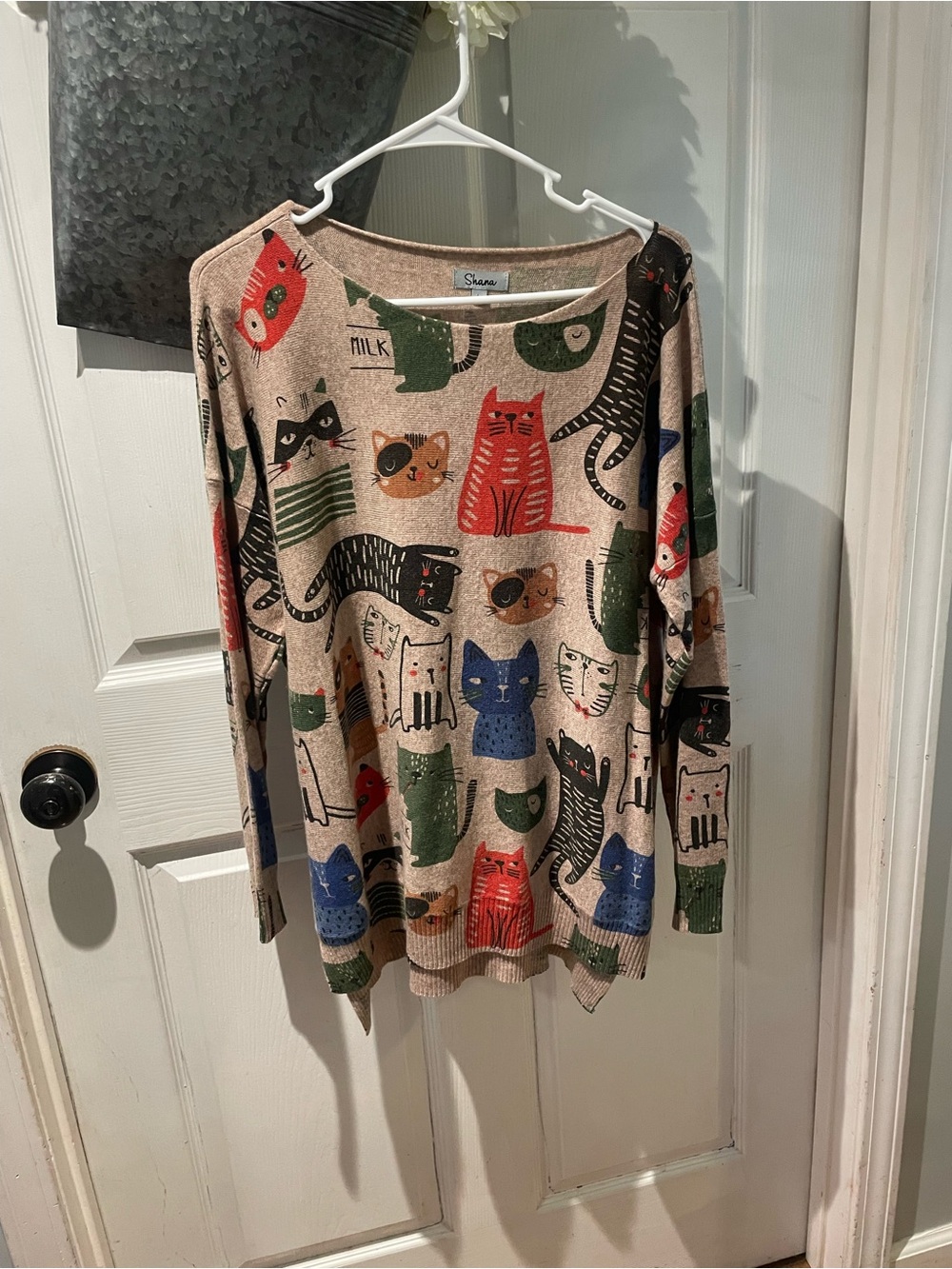 Shana Large Beige Sweater with Green and Black Cat Motif Wool Blend